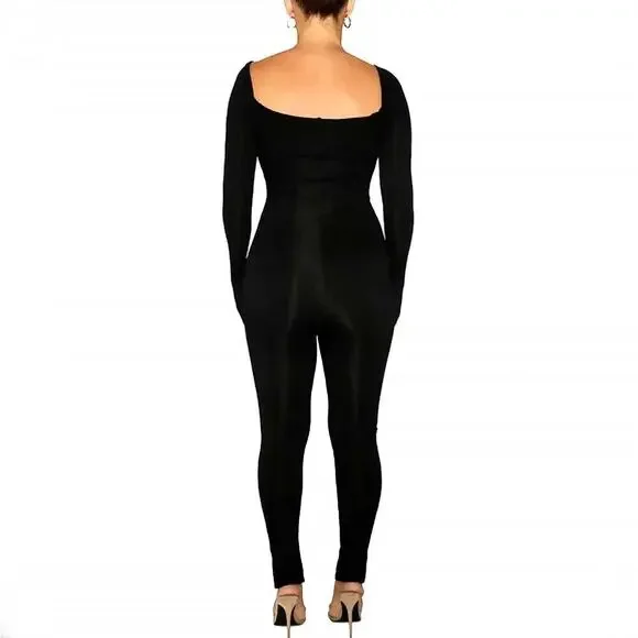 Naked Wardrobe Black NW Long Sleeve Square Neck Full Length Jumpsuit Catsuit M